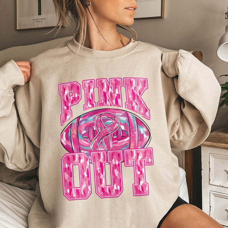 Pink Out Football Sweatshirt | Breast Cancer Awareness Game Day Design | Premium Cotton-Poly Blend | Gift for Football Mama and Fan