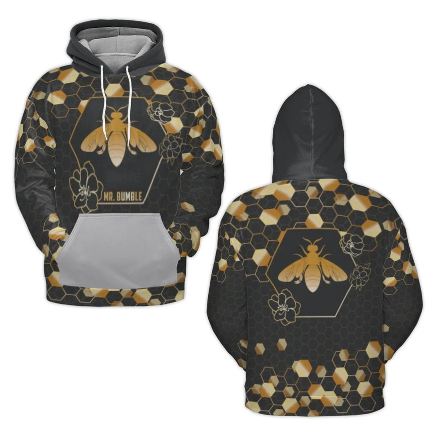 Honeycomb Bee Hoodie | Mr. Bumble Graphic All-Over Print | Premium Polyester Brushed Fleece | Unique Nature Lover Gift for Men and Women