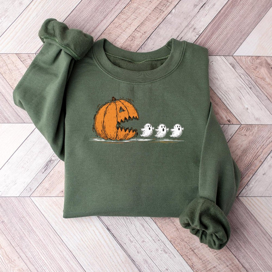 Funny Halloween Pumpkin Chasing Ghosts Sweatshirt | Retro Arcade Gaming Style | Premium Cotton Blend | Unisex Fall Vibes Gift for Horror Fan