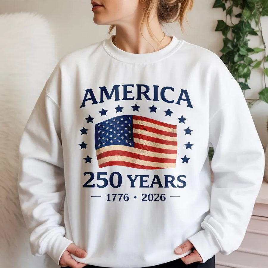 America 250 Years Sweatshirt | Vintage USA Flag 1776-2026 Graphic | Soft Cotton Patriotic Tee | USA Anniversary Commemorative Gift