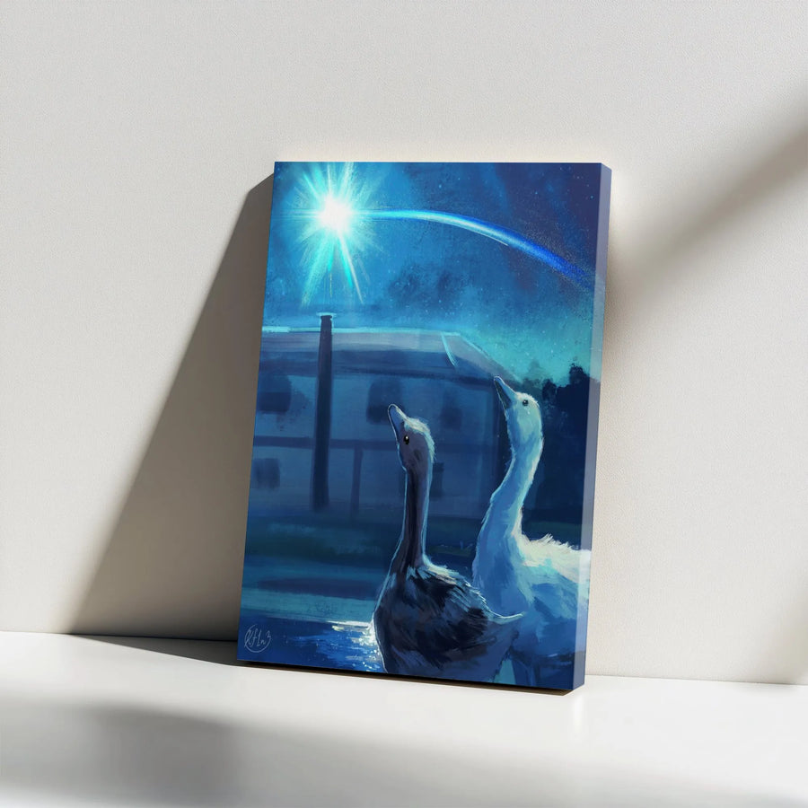Stargazing Geese Vertical Canvas | Whimsical Meteor Shower Art | Premium High-Resolution Print | Unique Home Decor Collector's Gift