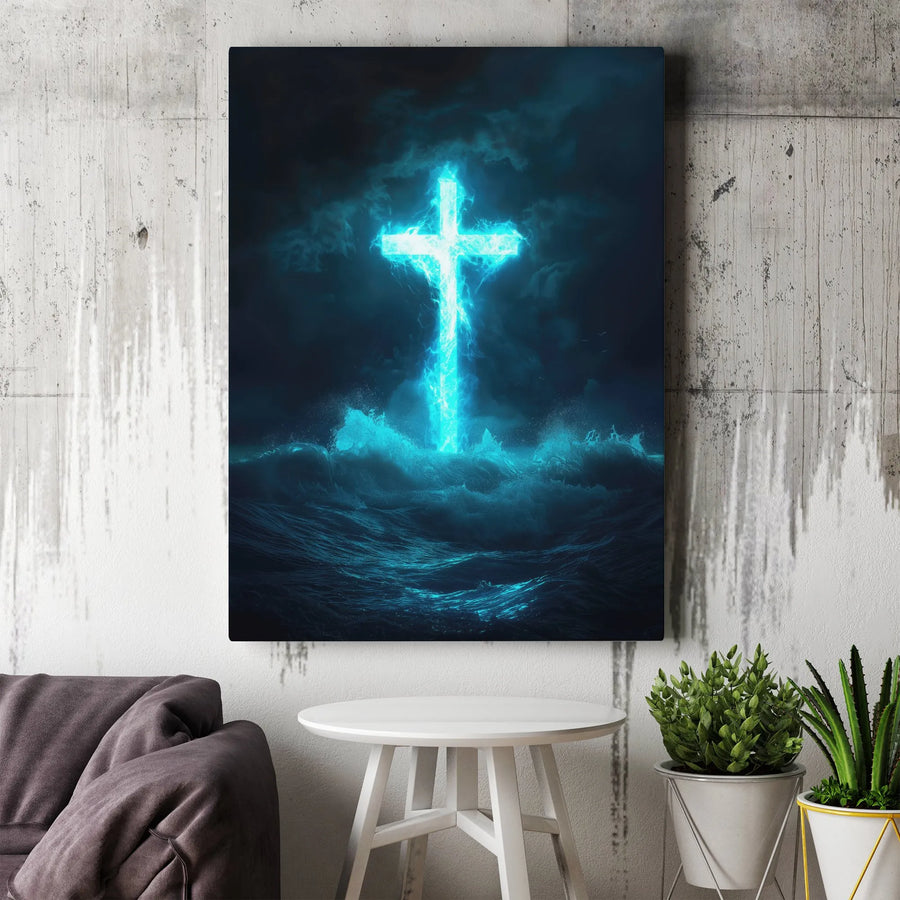Glowing Cross Canvas Wall Art | Stormy Sea of Faith Religious Print | Premium Frameless Canvas | Christian Home Decor Gift