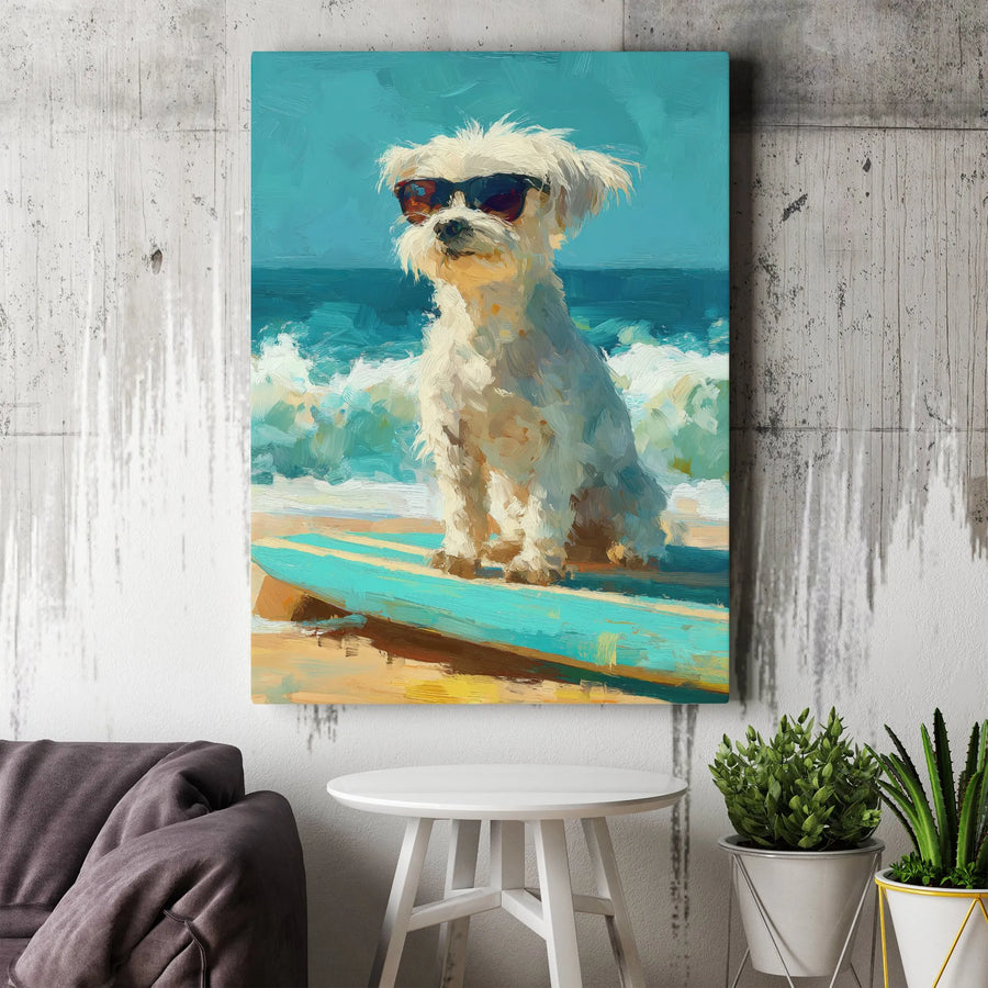 Surfing Dog Canvas Art | Impressionist Maltese Painting with Sunglasses | Premium Thick Gallery Wrap | Gift for Dog Lover, Coastal Beach House Decor
