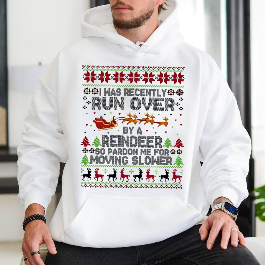 Run Over By A Reindeer Hoodie | Funny Christmas Quote Graphic | Premium Cotton Blend | Unisex Holiday Gift For Family