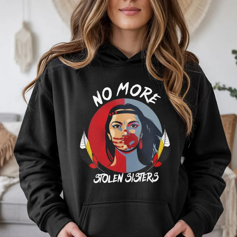 No More Stolen Sisters Hoodie | MMIW Awareness Red Hand Design | Cotton-Poly Blend Sweatshirt | Indigenous Rights Gift for Men and Women