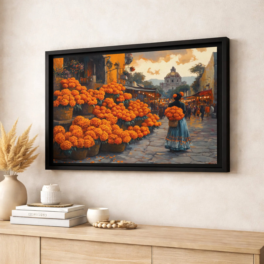 Dia De Los Muertos Canvas Art | Vibrant Marigold Market Scene | Gallery Quality Fade-Resistant Print | Mexican Cultural Wall Decor Gift