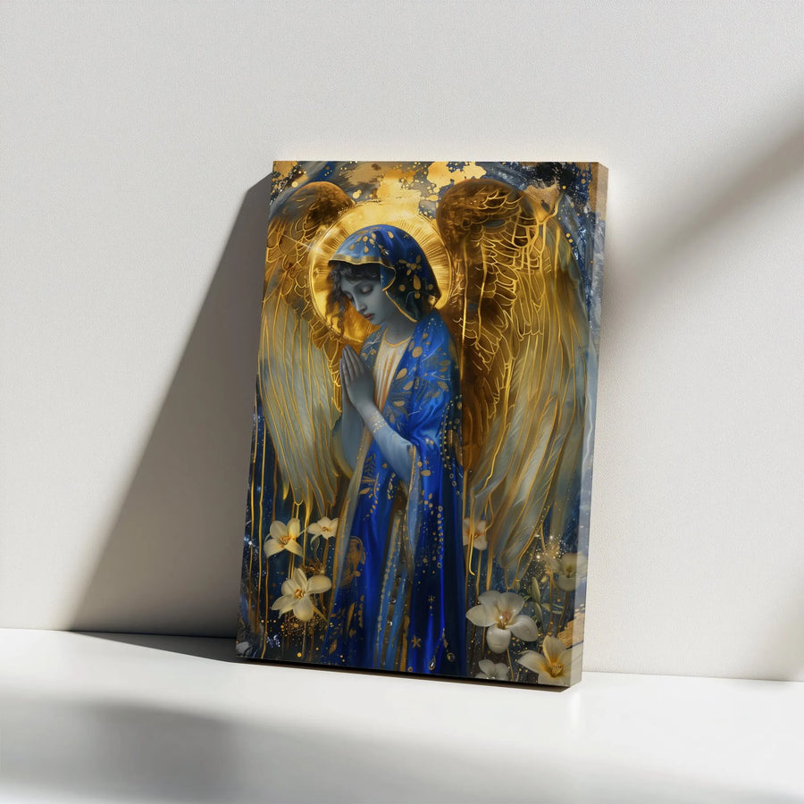 Praying Angel Canvas Wall Art | Blessed Virgin Mary Gold Halo Print | Premium 1.25" Gallery Wrap | Religious Home Decor Gift for Faithful