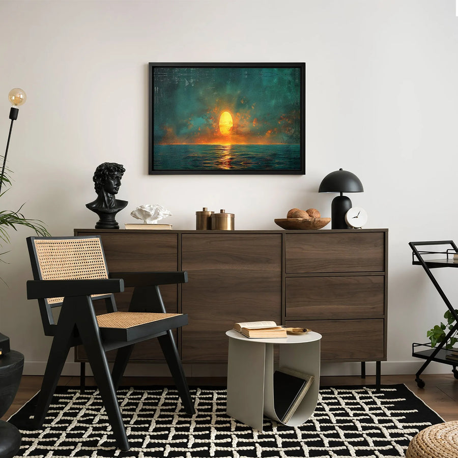 Abstract Ocean Sunset Canvas Wall Art | Glowing Gold Sun Horizon Print | Premium 1.25-Inch Gallery Wrap | Modern Home Decor Gift
