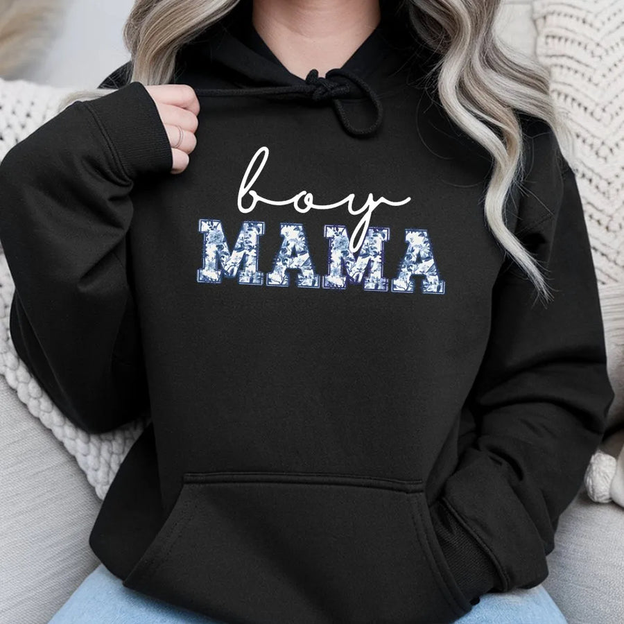 Boy Mama Hoodie | Blue Toile Floral Lettering Design | Premium Cotton Blend | New Mom Gift Pregnancy Announcement Apparel