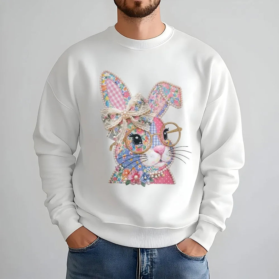 Floral Easter Bunny Sweatshirt | Patchwork Rabbit Graphic with Glasses and Bow | Premium Cotton Blend | Cute Spring Holiday Gift for Women