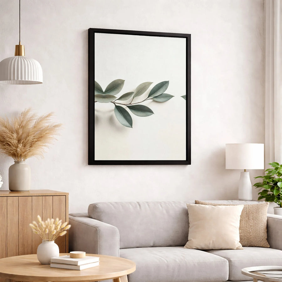 Minimalist Botanical Leaf Canvas Art | Green Sage Branch Wall Decor | Premium Framed Gallery Wrap | Modern Neutral Home Interior Gift