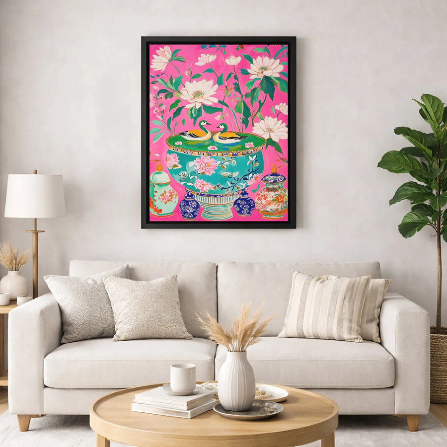 Chinoiserie Duck Wall Art | Mandarin Ducks In Turquoise Bowl Floral Print | Premium Gallery Wrap Canvas | Elegant Maximalist Home Decor Gift