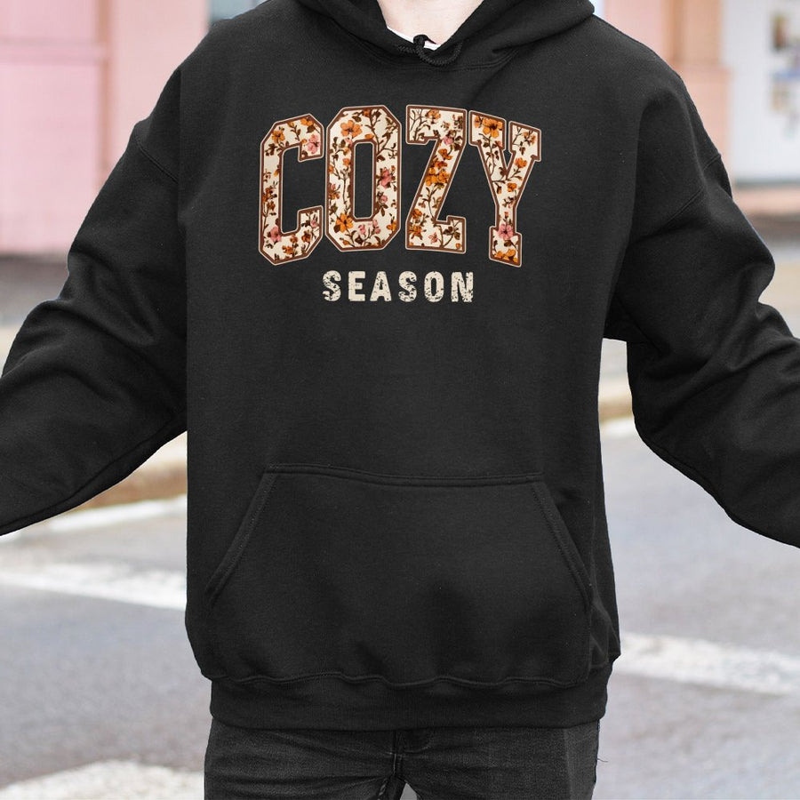 Cozy Season Hoodie | Floral Lettering Fall Graphic Print | Premium Cotton-Blend Fleece | Aesthetic Fall Vibes Gift for Women