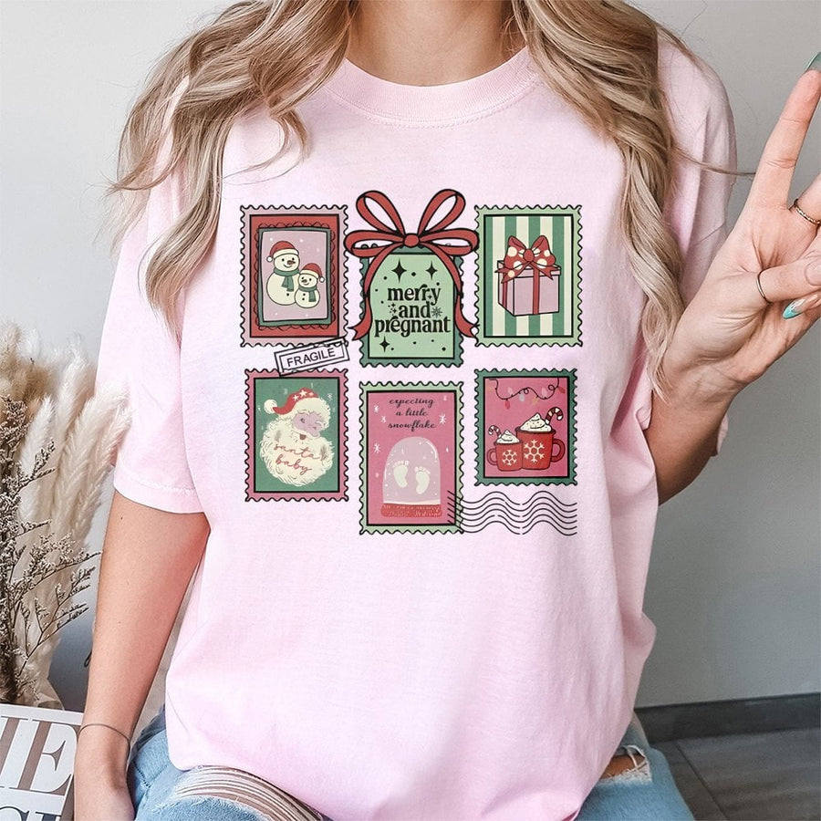 Merry and Pregnant Christmas T-Shirt | Vintage Holiday Stamp Graphic | 100% Premium Cotton | Cute Pregnancy Announcement Gift for Expecting Mom