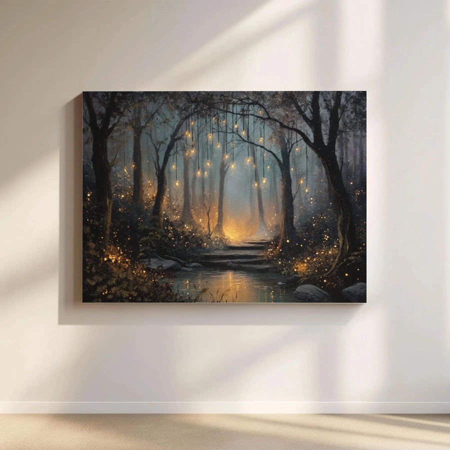 Enchanted Forest Canvas Wall Art | Mystical Woods with Glowing Lanterns | Premium Gallery Wrapped Canvas | Whimsical Home Decor Gift