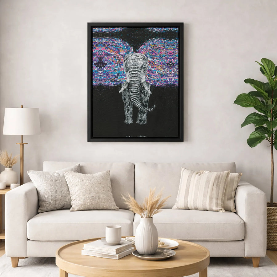 Abstract Elephant Canvas Wall Art | Vibrant Butterfly Wings Splatter Paint Design | 1.25 Inch Gallery Wrap | Modern Home Office Decor Gift