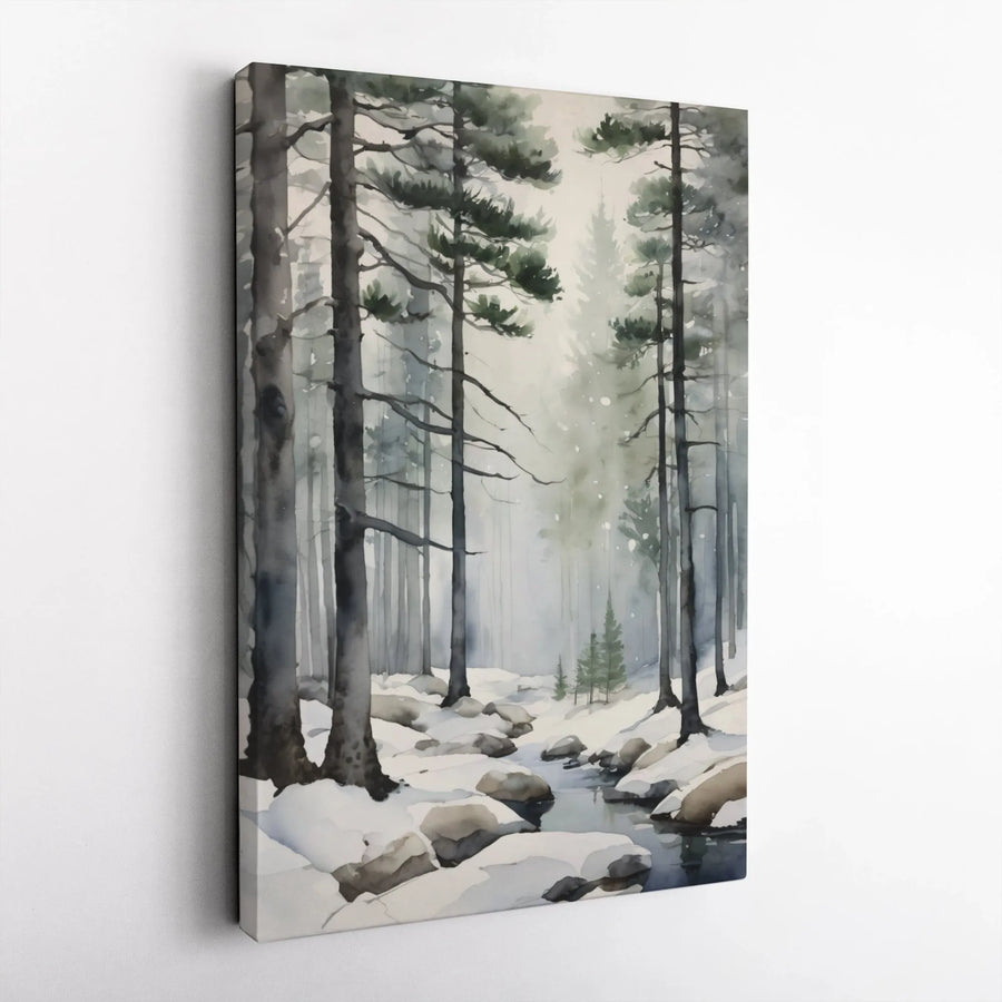 Winter Forest Canvas Wall Art | Snowy Pine Tree Watercolor Landscape | Gallery Wrap Professional Print | Serene Nature Home Decor Gift