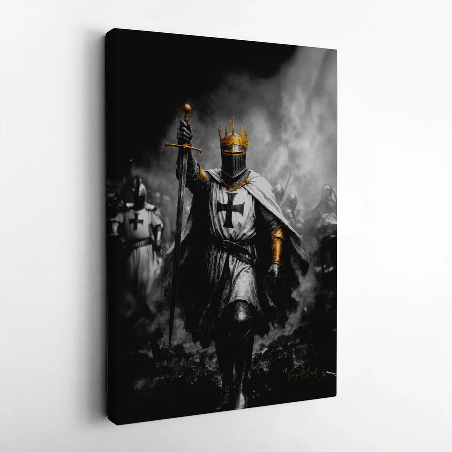 Knights Templar Wall Art | Crusader King with Crown and Sword | Premium Gallery Wrap Canvas | Medieval History Gift for Home Decor