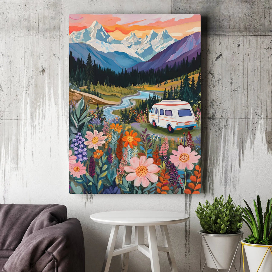 Camper Van Wall Art | Wildflower Mountain Landscape Print | Premium 1.25" Gallery Canvas | Nature Lover Gift for Home Decor