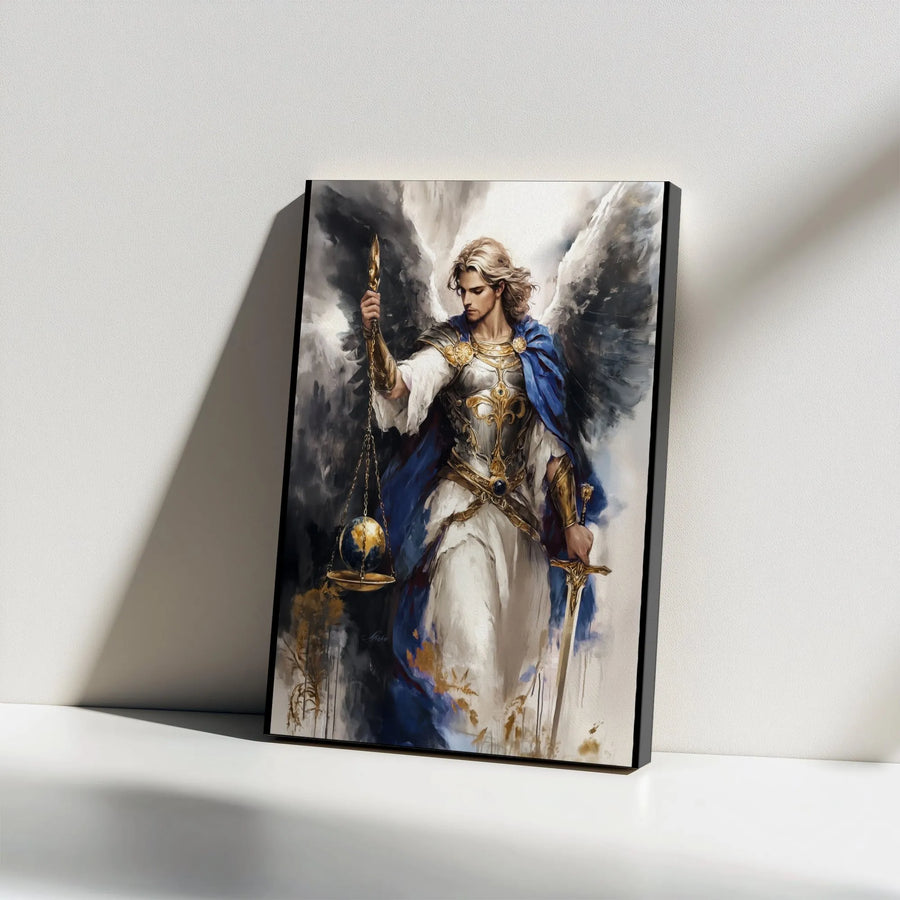 Archangel Michael Canvas Wall Art | Warrior Angel With Scales Of Justice | Premium Gallery Wrap Print | Spiritual Home Decor Gift