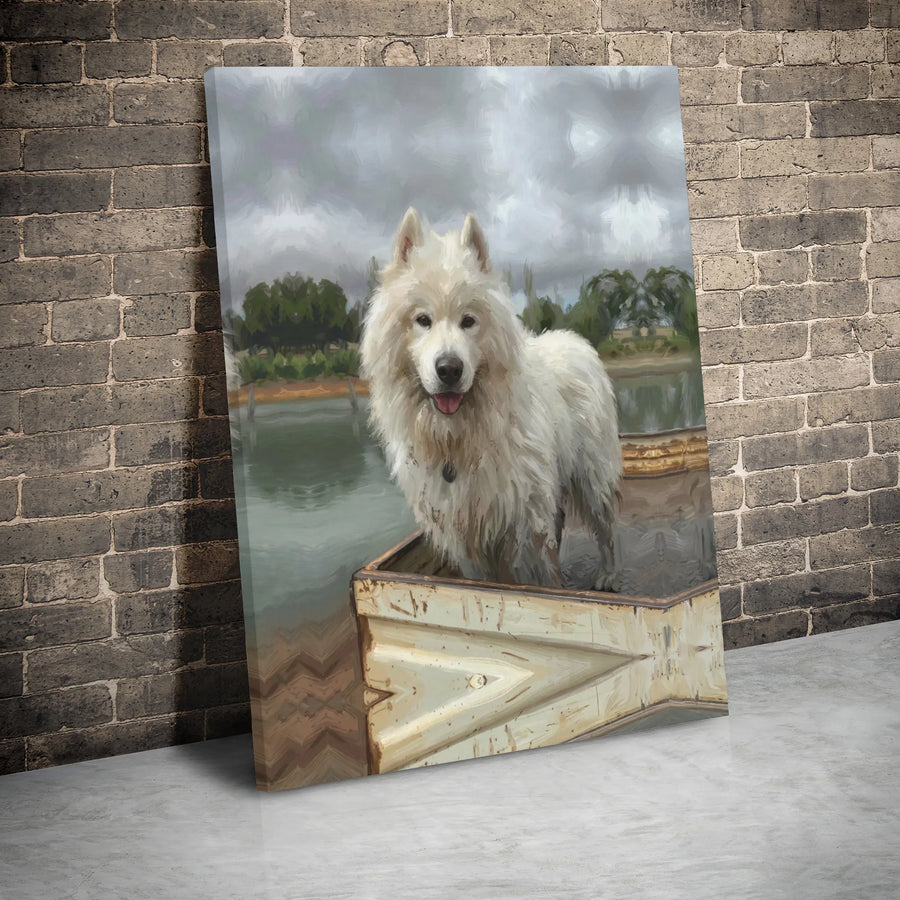 Samoyed Dog Canvas Art | Painterly White Fluffy Dog In Boat | 1.25 Inch Gallery Wrap Premium Decor | Dog Lover Wall Decor Gift