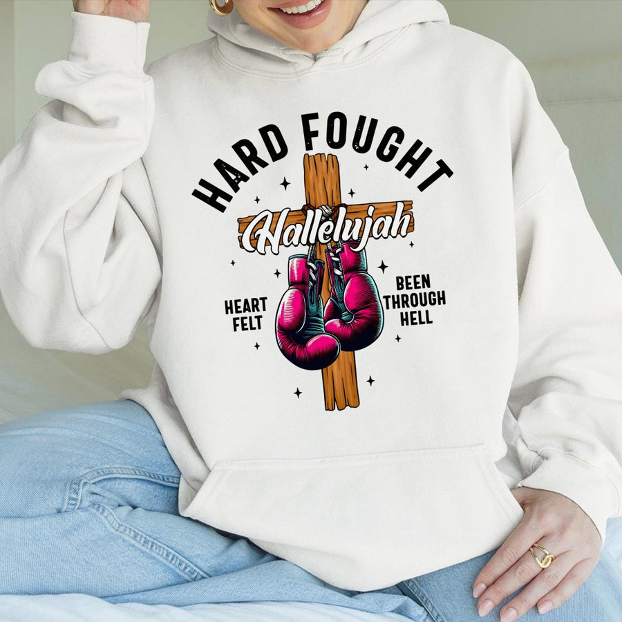 Hard Fought Hallelujah Christian Hoodie | Boxing Gloves & Cross Graphic | Soft Cotton-Blend Premium Fabric | Faith-Based Apparel Gift for Believers