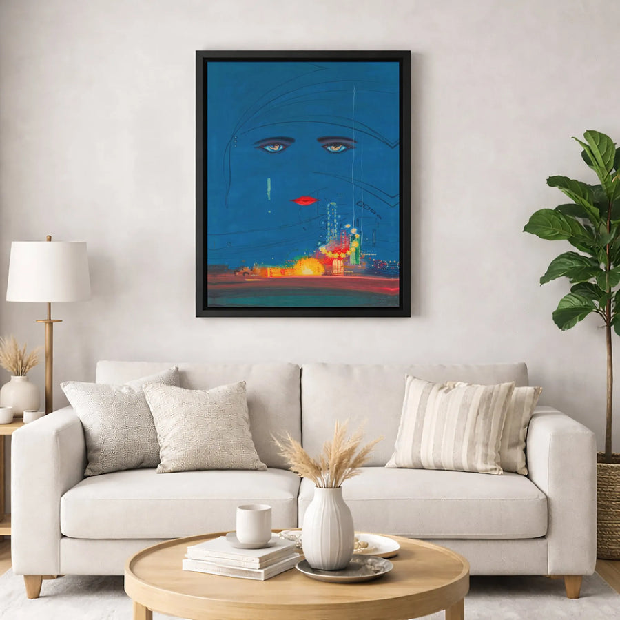 Abstract Woman Face Canvas | Melancholy City Lights Night Art | Gallery-Quality Premium Print | Modern Bedroom Office Wall Decor