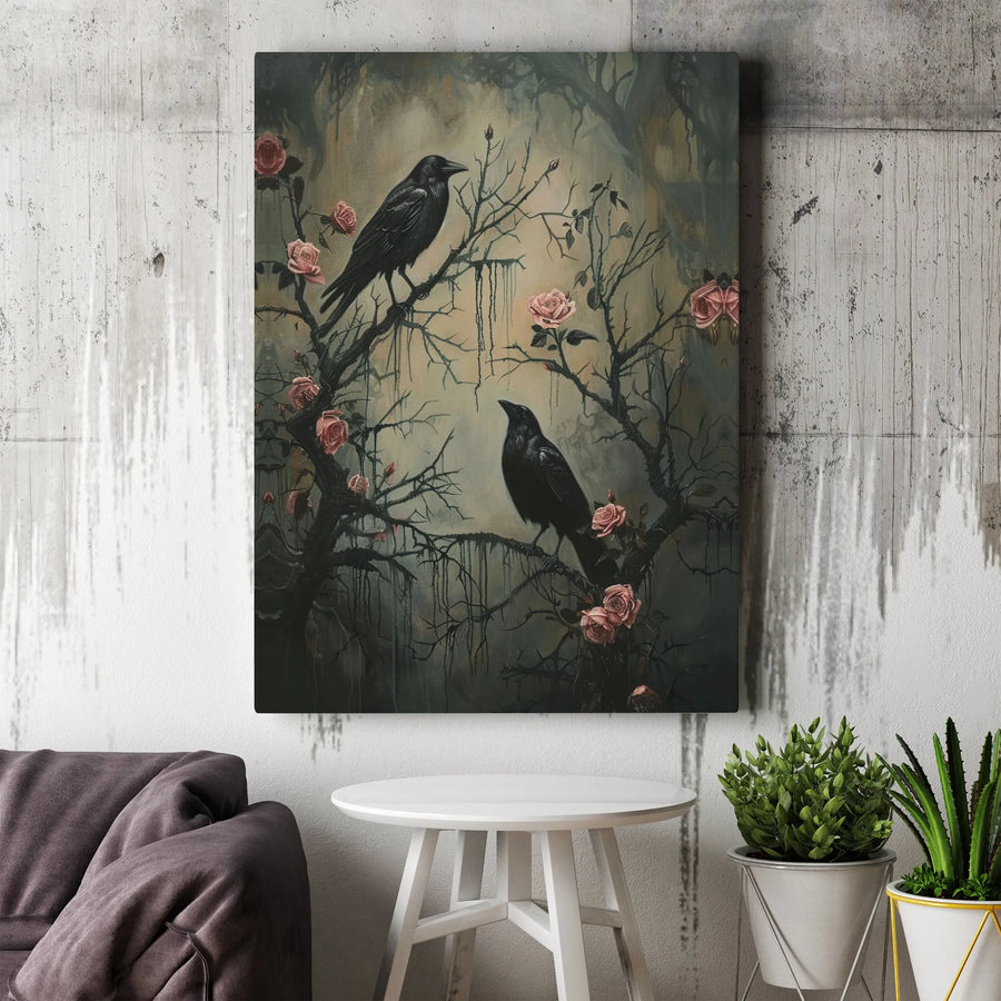 Gothic Crows and Roses Canvas Wall Art | Dark Academia Raven Decor | 1.25 Inch Gallery Wrap | Moody Botanical Gift for Home Office