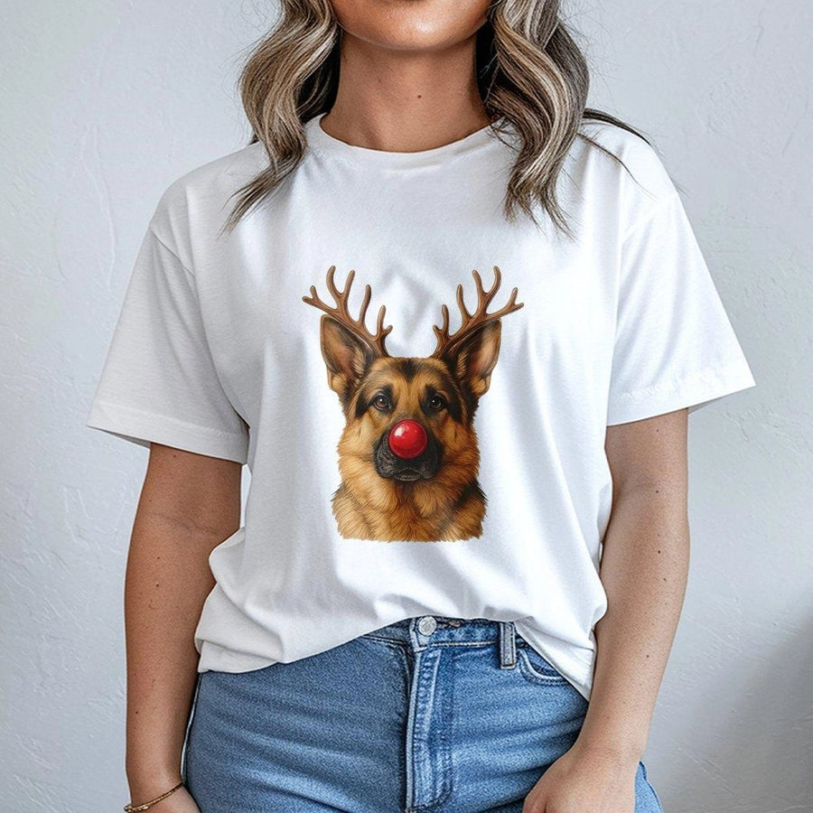 German Shepherd Christmas T-Shirt | Reindeer Antlers & Red Nose Graphic | Premium Soft Cotton | Funny Holiday Dog Lover Gift for Men & Women