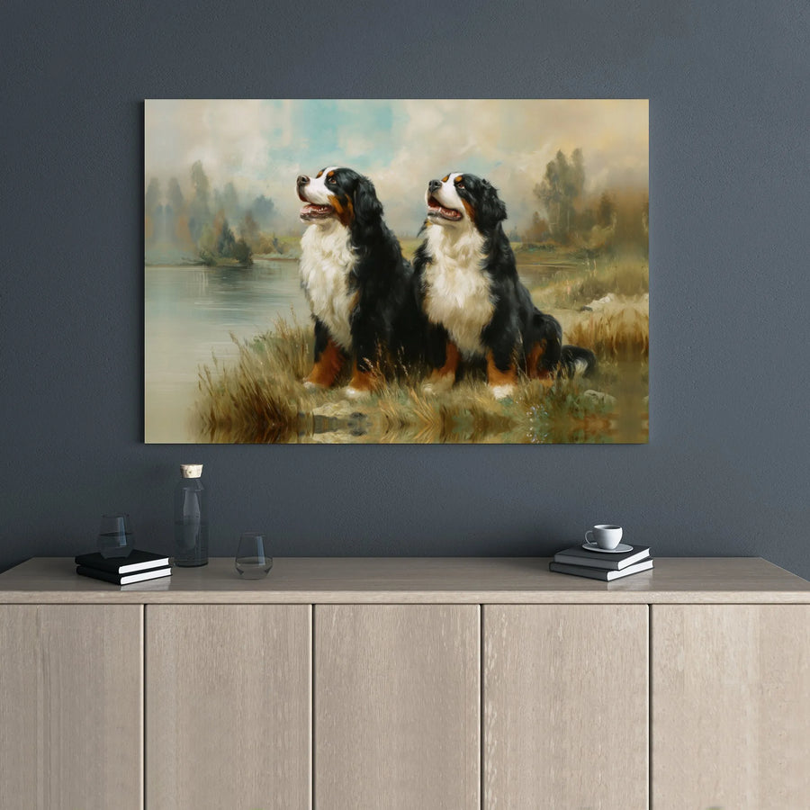 Bernese Mountain Dog Wall Art | Vintage Oil Painting Landscape | Premium Gallery Wrapped Canvas | Dog Lover Gift For Home Decor