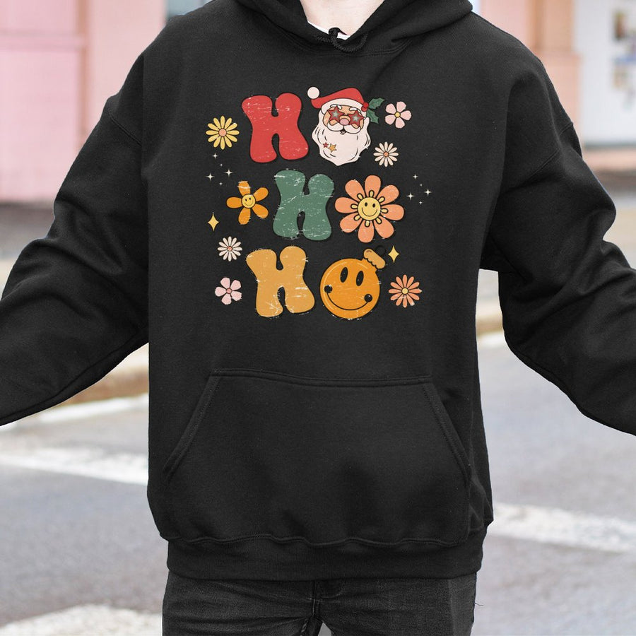 Retro Ho Ho Ho Christmas Hoodie | Groovy Santa Graphic Print | Premium Cotton-Blend Pullover | Festive Holiday Gift for Women & Teachers