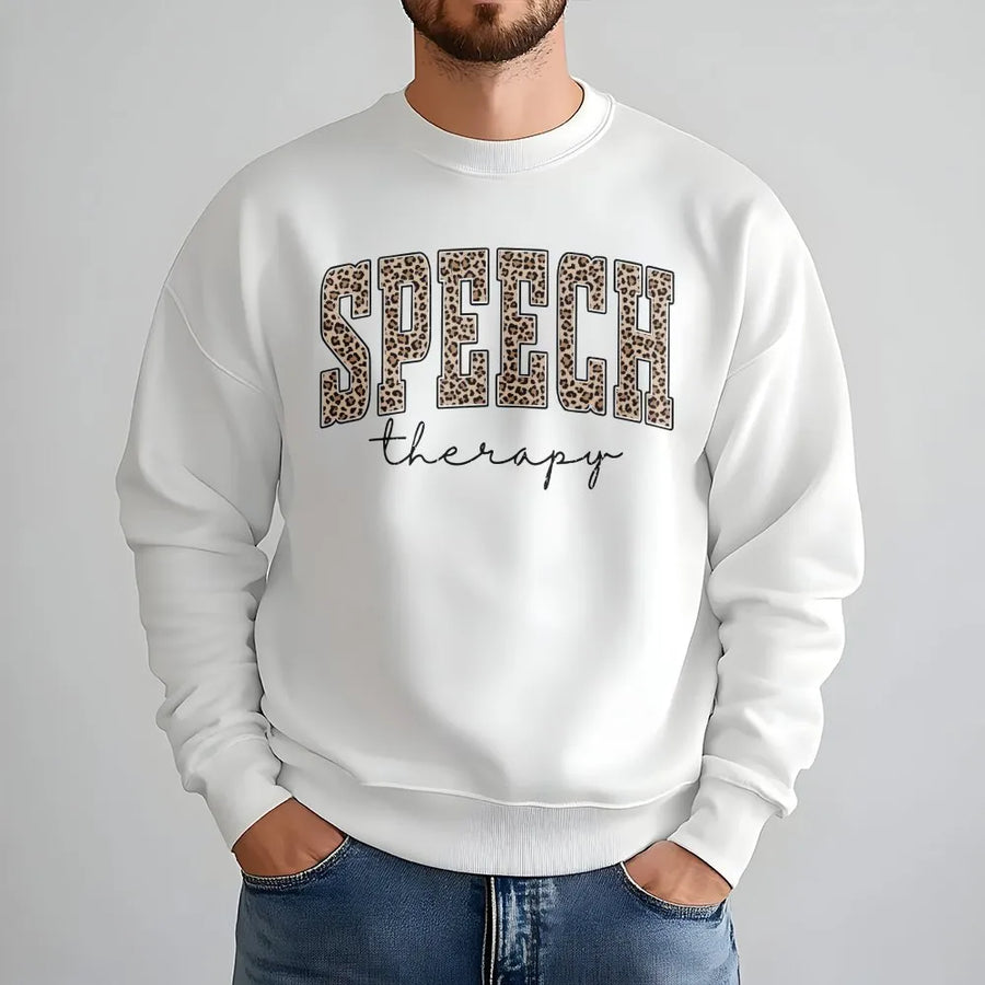 Speech Therapist Sweatshirt | Leopard Print Varsity Lettering | Cotton Blend Cozy Crewneck | SLP Graduation Gift for Language Pathologist