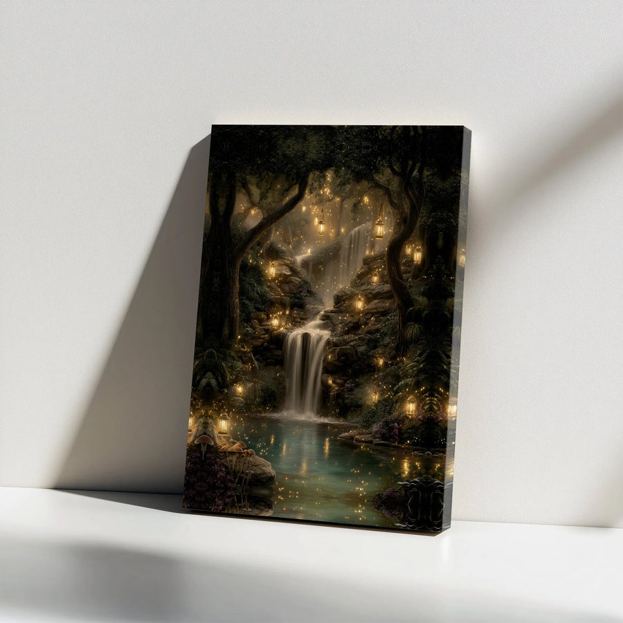 Enchanted Forest Canvas Art | Glowing Lanterns & Waterfall Scene | Premium High-Resolution Print | Gift for Fantasy & Nature Lovers