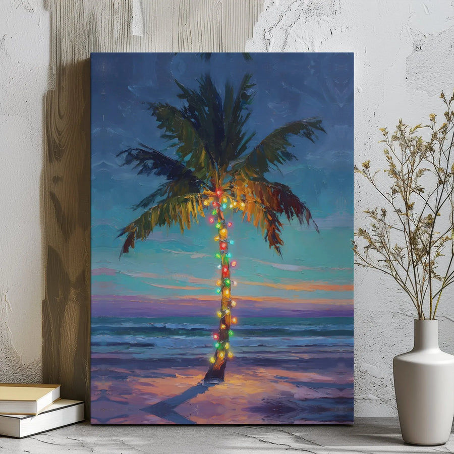 Tropical Christmas Palm Tree Canvas | Festive Coastal Beach Sunset Wall Art | Premium Gallery Wrap Decor | Holiday Living Room Gift for Beach Lovers