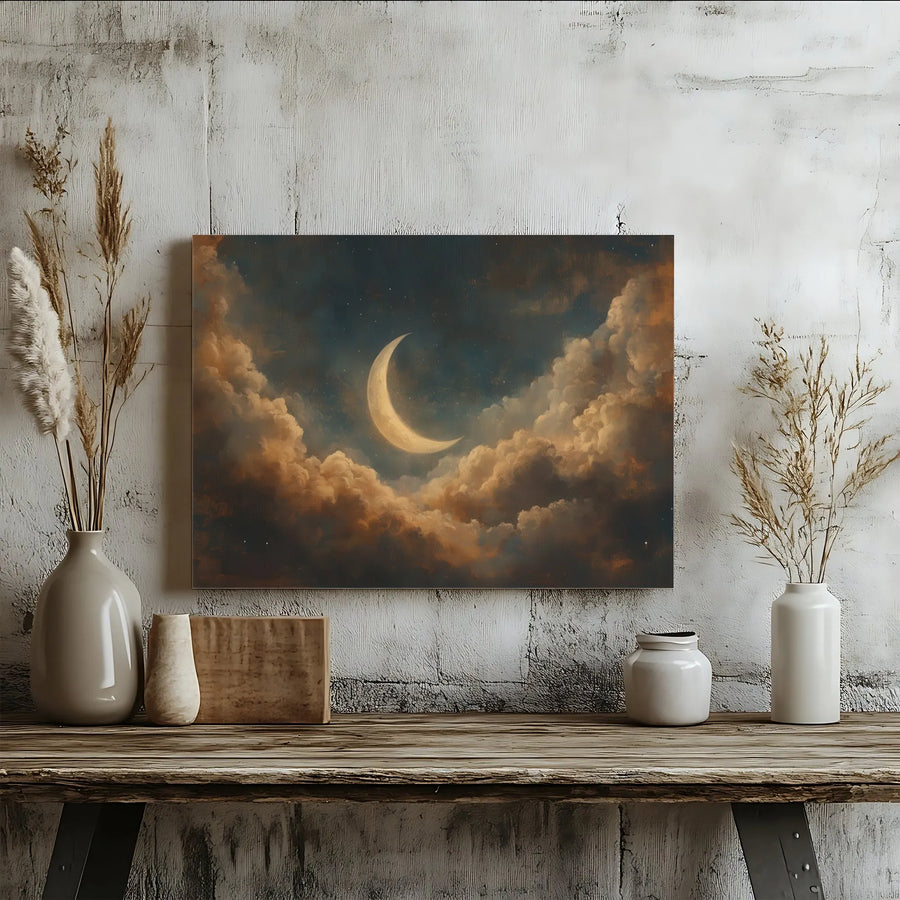 Crescent Moon Wall Art | Celestial Clouds Starry Night Canvas | 1.25" Gallery Wrap | Premium Home Decor Gift