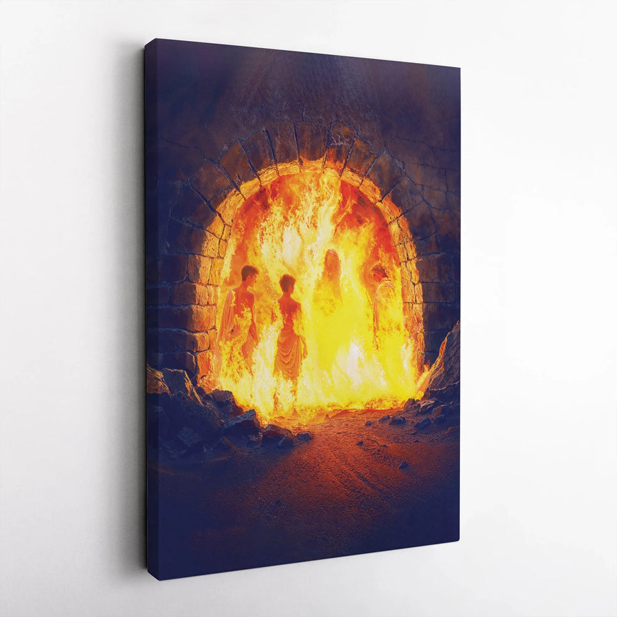 Shadrach Meshach and Abednego Wall Art | Fiery Furnace Biblical Scene | Premium Gallery Wrap Canvas | Christian Home Decor Gift