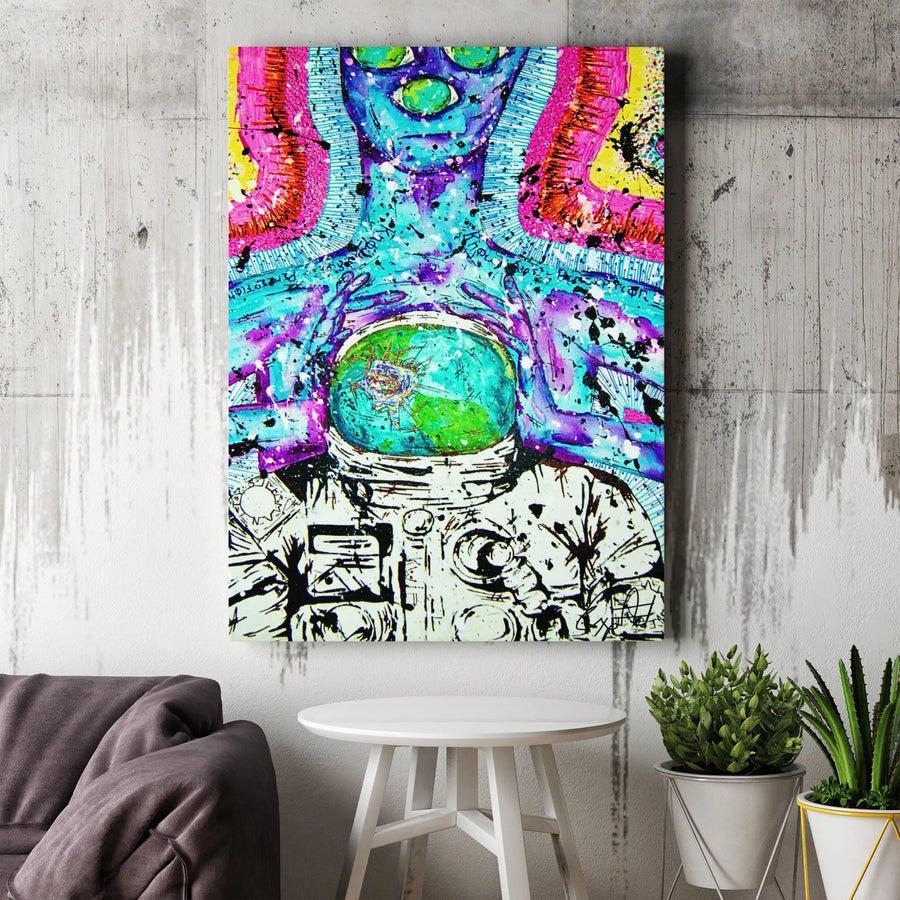 Psychedelic Astronaut Alien Canvas Art | Surreal Space Galaxy Wall Decor | Gallery Wrapped Premium Print | Trippy Cosmic Gift for Science Fiction Fans