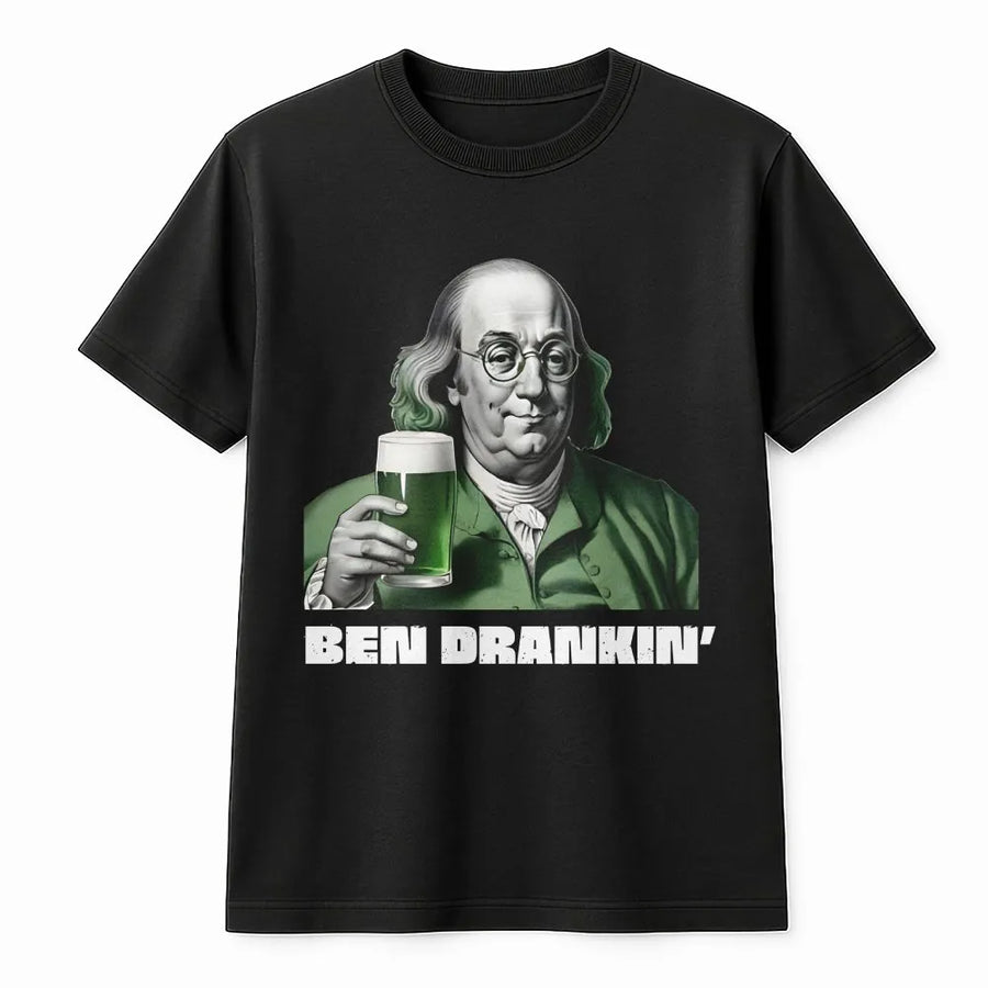 Ben Drankin' St. Patrick's Day T-Shirt | Funny Benjamin Franklin Beer Graphic | 100% Cotton Premium Tee | Unique Holiday Party Gift for Men