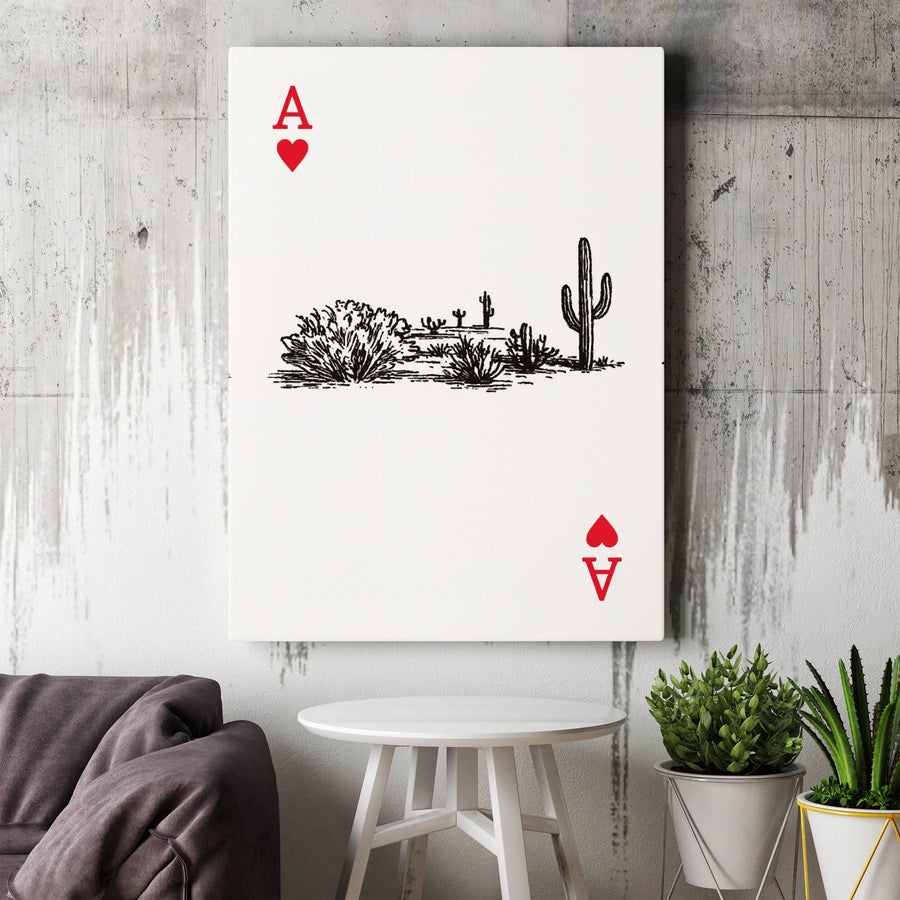 Ace Of Hearts Canvas Wall Art | Desert Cactus Sketch Illustration | Premium 1.25-Inch Gallery Wrap | Southwestern Home Office Decor Gift