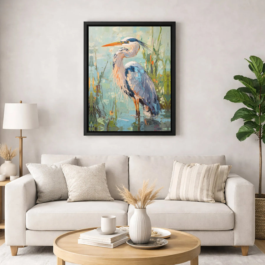 Great Blue Heron Canvas Wall Art | Impressionistic Bird Oil Painting Style | Premium Gallery Wrap | Nature Home Decor Gift