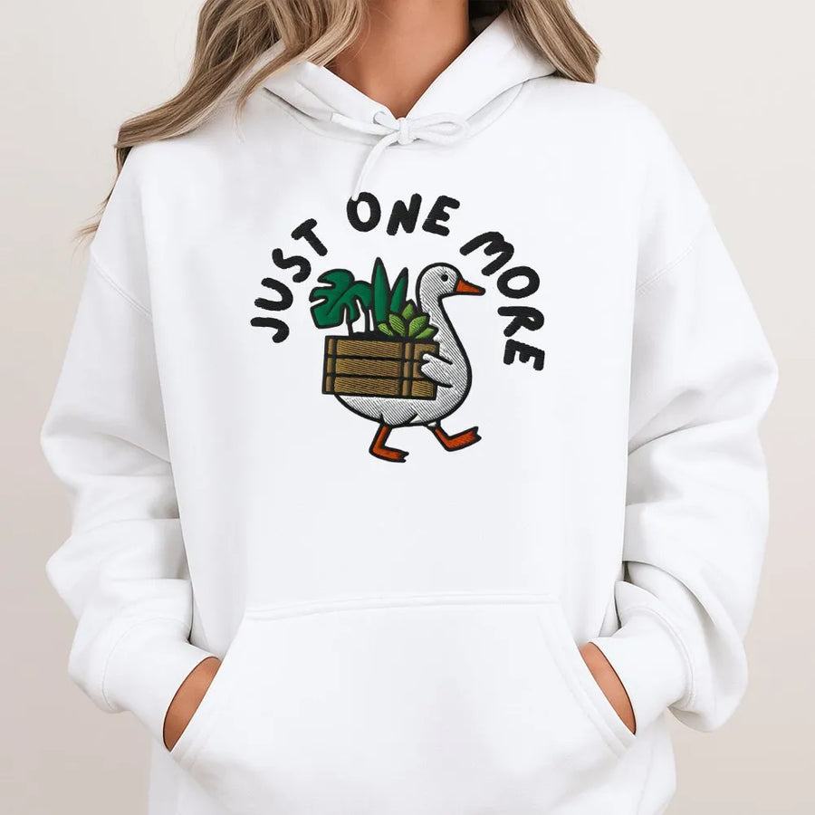 Funny Plant Lover Goose Hoodie | Botanical 'Just One More' Graphic Print | Soft Cotton Blend Pullover | Unique Gardener Gift for Plant Moms
