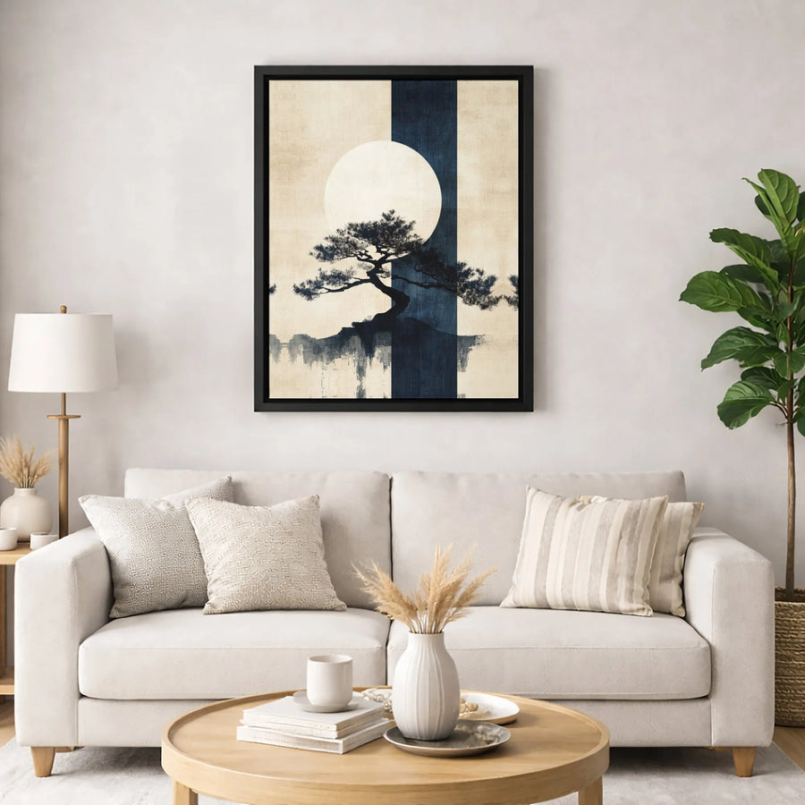 Japanese Zen Bonsai Tree Wall Art | Minimalist Moon Silhouette Print | Premium Gallery Wrapped Canvas | Serene Home Decor for Living Room