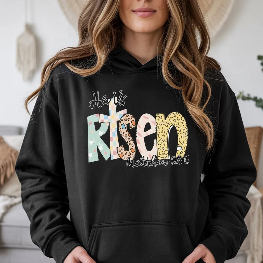 He is Risen Hoodie | Pastel Bible Verse Graphic, Matthew 28:6 | Premium Cotton Blend | Christian Easter Gift for Women