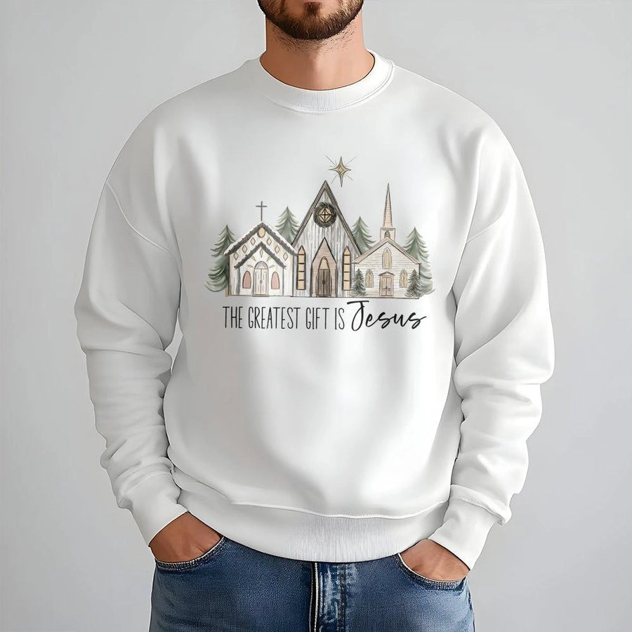 The Greatest Gift Is Jesus Sweatshirt | Christian Christmas Church Graphic | Premium Cotton Blend Crewneck | Religious Holiday Faith Gift for Women Men