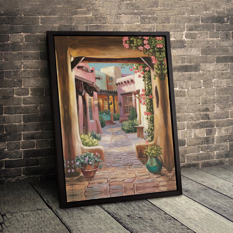 Santa Fe Adobe Courtyard Wall Art | Southwestern Cobblestone Garden Landscape | Premium Fade-Resistant Canvas | Home & Office Decor Gift