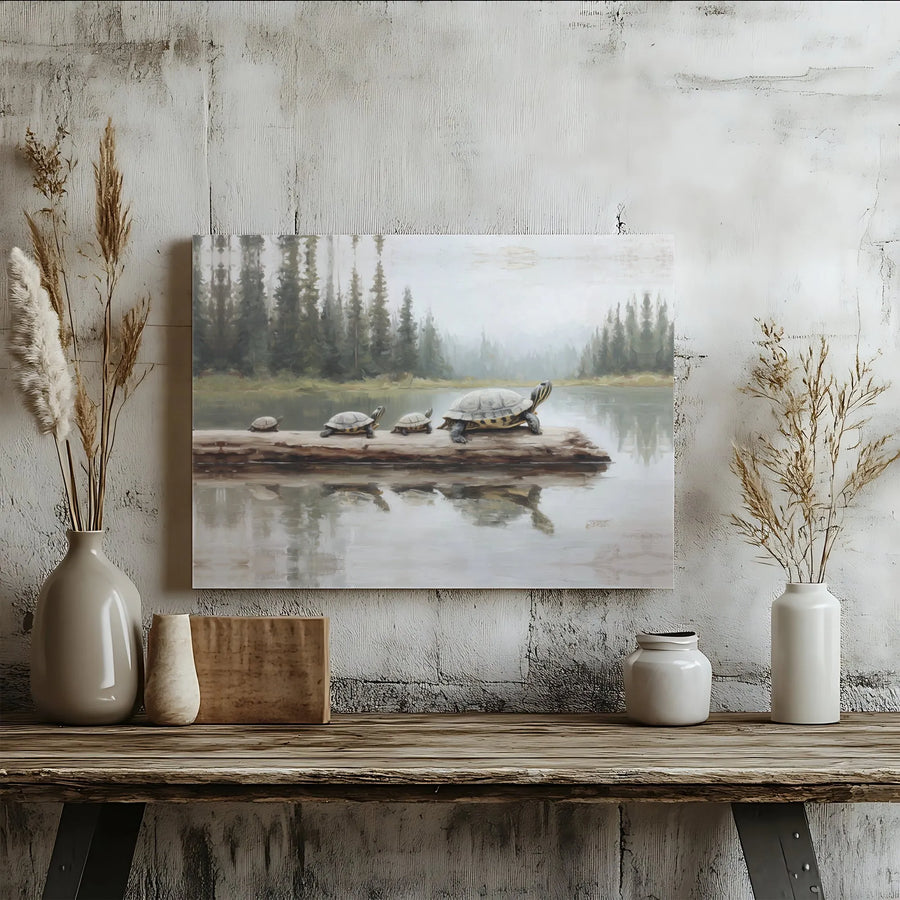 Turtle Family Wall Art | Woodland Lake Landscape Canvas Print | Premium Gallery Wrapped | Nature Lover Home Decor Gift