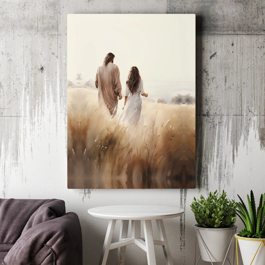 Jesus Walking With Girl Canvas Art | Religious Wheat Field Print | Premium 1.25-Inch Gallery Wrap | Christian Home Decor Gift