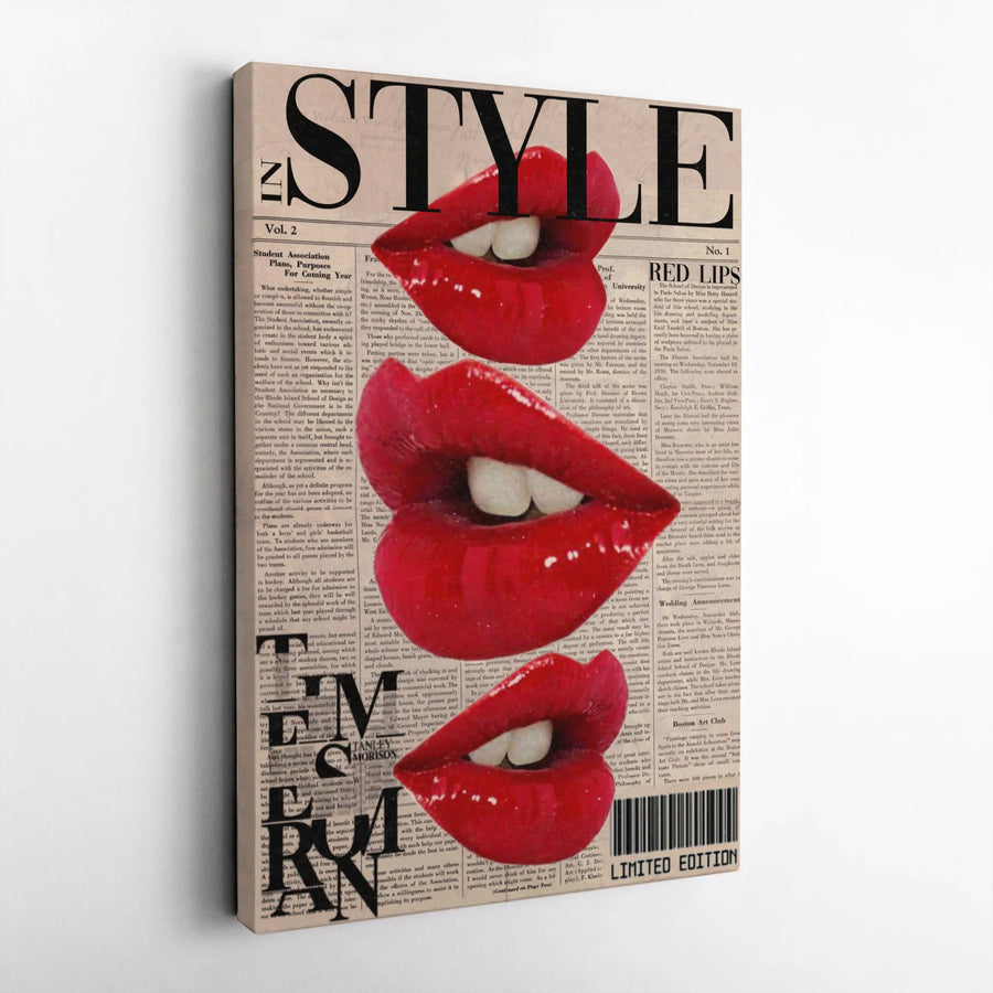 Red Lips Pop Art Wall Decor | Magazine Style Collage Print | 1.25 Inch Gallery Wrap Canvas | Trendy Fashion Wall Art for Home or Office