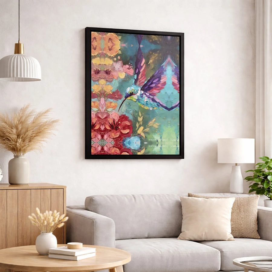 Hummingbird Floral Canvas Art | Kaleidoscope Nature Bird Wall Decor | Gallery Quality Premium Print | Vibrant Home & Office Aesthetic Gift