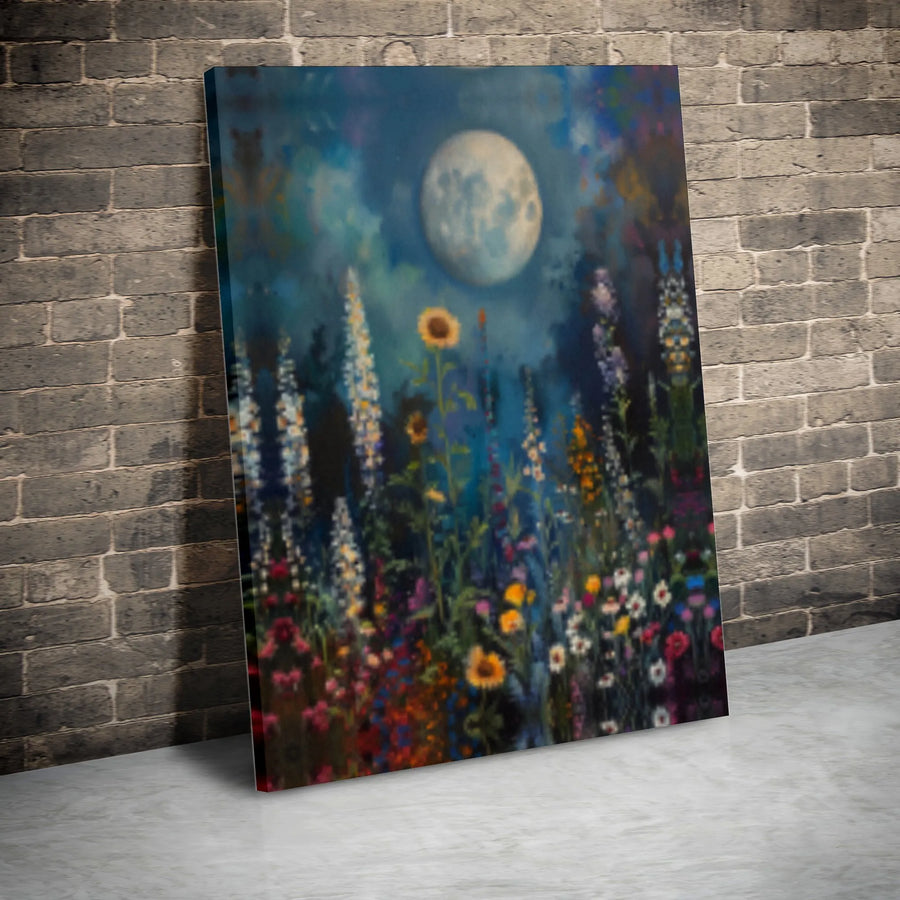 Midnight Wildflower Garden Canvas | Full Moon Botanical Art Print | 1.25 Inch Gallery Wrap | Premium Nature Wall Decor for Home Office